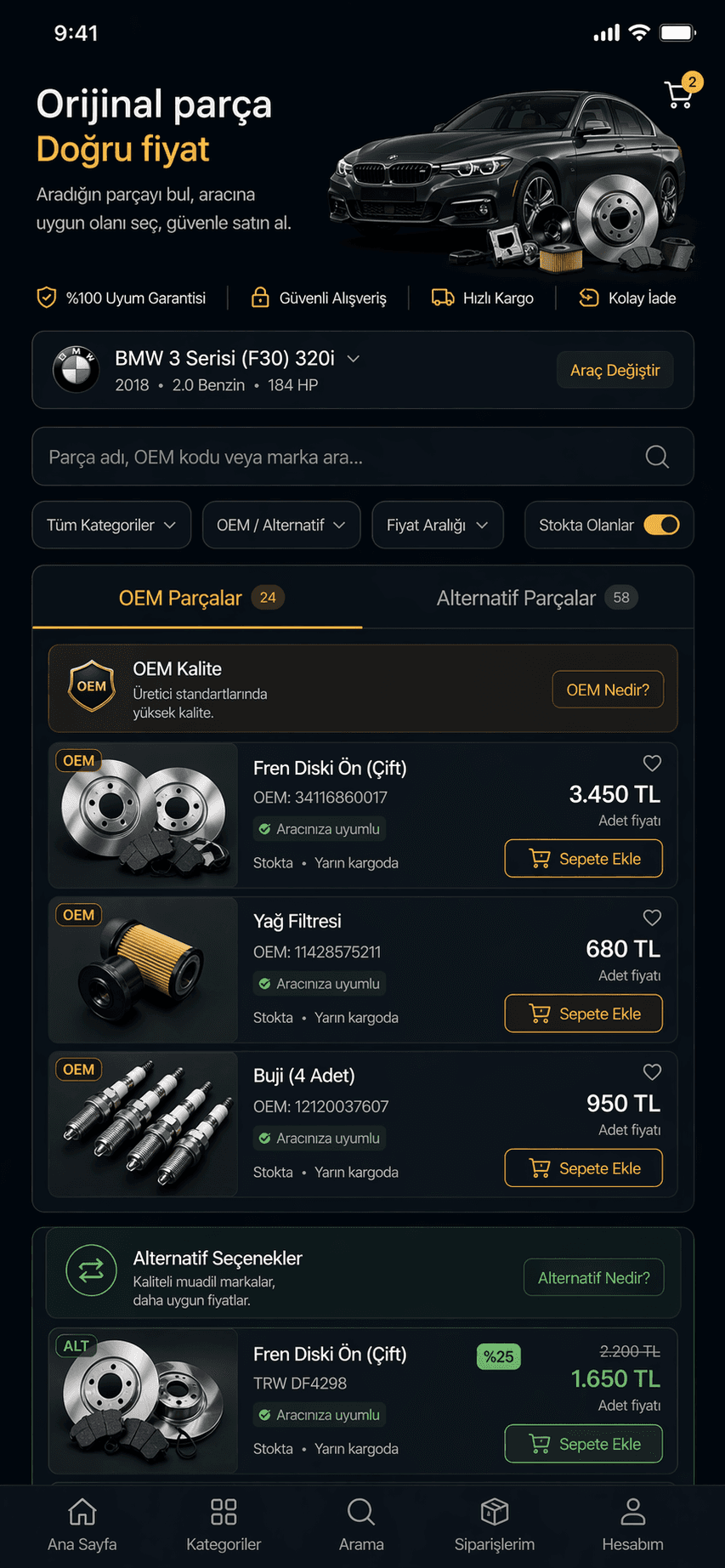 Orijinal ve OEM parça ekranı